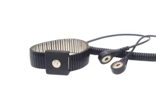 Антистатический браслет металлический (кнопка 4мм) с проводом спирал 1,8м (гнездо 4мм/гнездо 10мм) фото