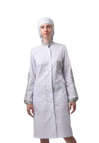 Халат для защиты от мех. воздействий (истирания) и ОПЗ антистатический женский М-241 (белый, тип "Сатори", 80-84, 170-176) фото Халат для защиты от мех. воздействий (истирания) и ОПЗ антистатический женский М-241 (белый, тип "Сатори", 80-84, 170-176) фото