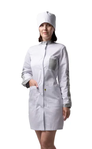 Халат для защиты от мех. воздействий (истирания) и ОПЗ антистатический женский укороченный М-241У (белый, тип "Сатори", 80-84, 170-176) фото Халат для защиты от мех. воздействий (истирания) и ОПЗ антистатический женский укороченный М-241У (белый, тип "Сатори", 80-84, 170-176) фото
