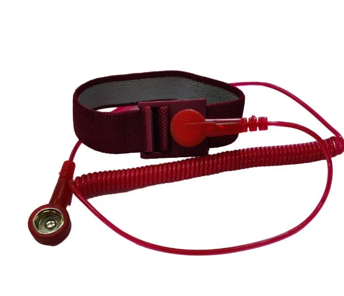 Антистатический браслет тканевый (кнопка 10мм) с проводом спирал 1,8м (гнездо 10мм/гнездо 10мм) (бордовый) фото