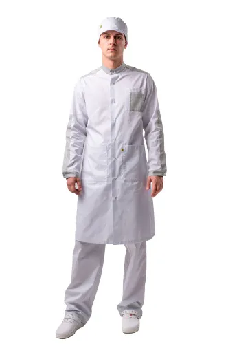 Халат для защиты от мех. воздействий (истирания) и ОПЗ антистатический мужской М-239 (белый, тип "Сатори", 80-84, 170-176) фото Халат для защиты от мех. воздействий (истирания) и ОПЗ антистатический мужской М-239 (белый, тип "Сатори", 80-84, 170-176) фото