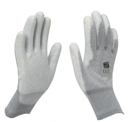 Перчатки антистатические вязанные нейлон/карбон/полиуретан, с покрытием пальцев и ладони (Rs ≤ 10Е9) фото товара