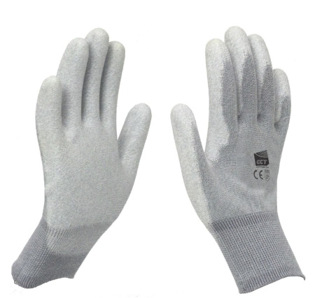 Перчатки антистатические вязанные полиэстер/карбон/полиуретан, с покрытием пальцев и ладони (Rs≤ 10) фото товара